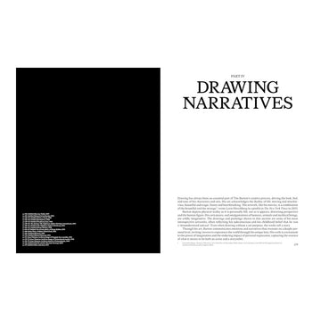 Book page with 'Drawing Narratives' text and a black square on a white background